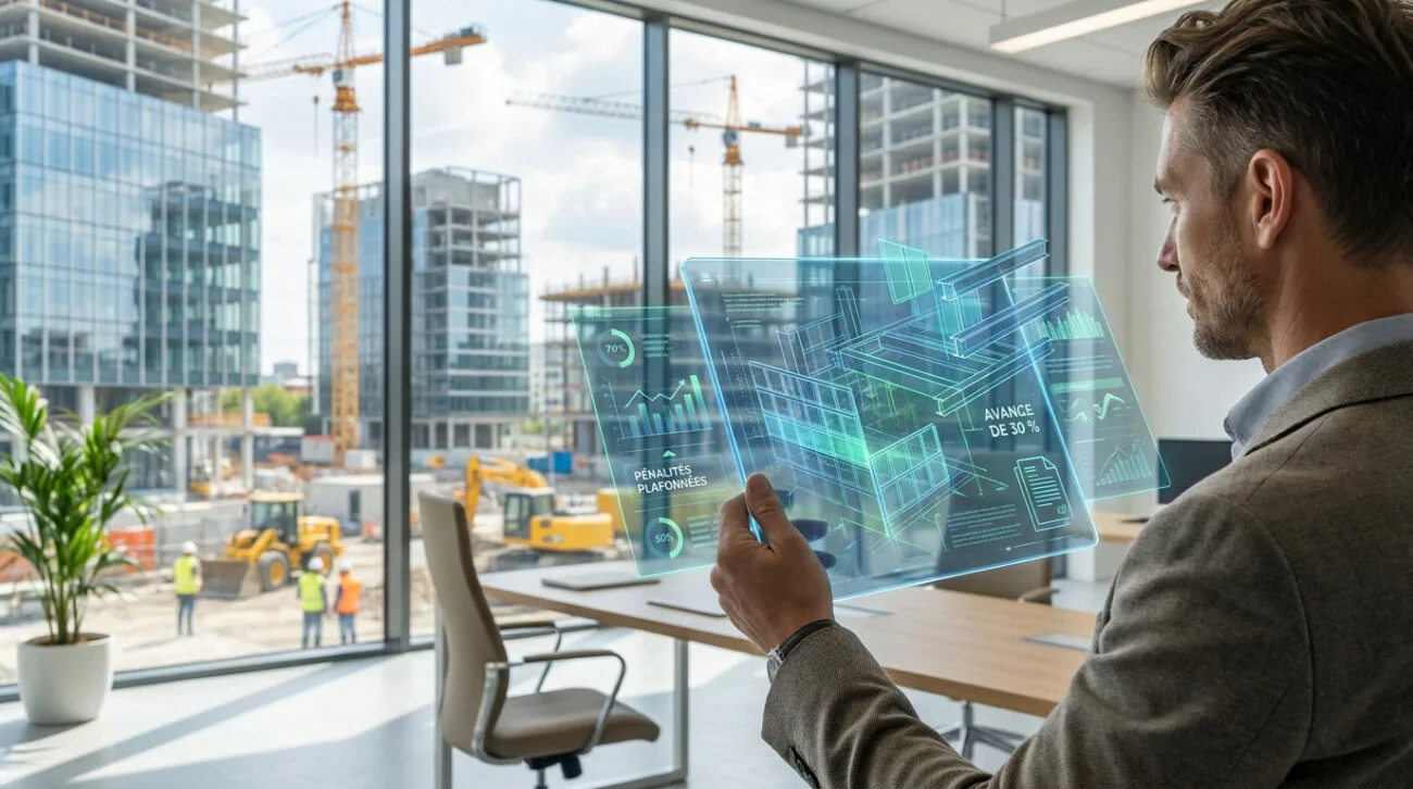 Un professionnel visualise en hologramme l'avancement d'un chantier de construction depuis son bureau avec vue panoramique.