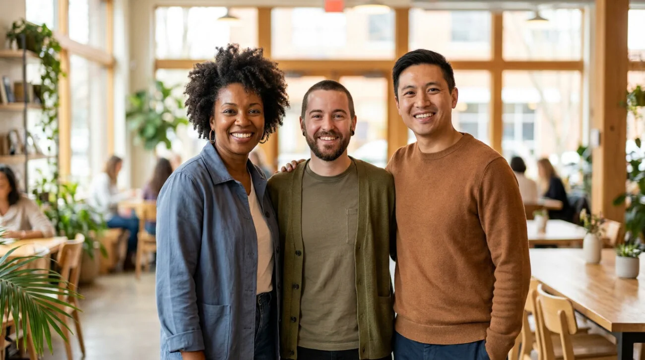 Trois personnes d'origines diverses souriant chaleureusement côte à côte dans un café lumineux et moderne.
