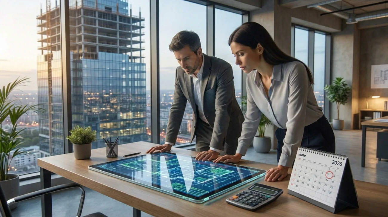 Un homme et une femme travaillant sur un plan numérique avec un calendrier de juin 2026 en arrière-plan.