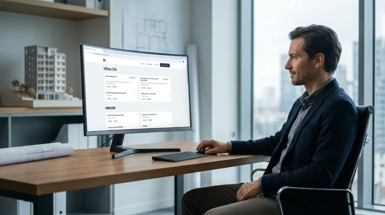 Un architecte consultant des offres d'emploi sur son écran d'ordinateur dans un bureau moderne avec une maquette.