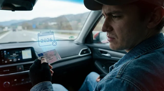Un conducteur inquiet regarde son permis de conduire avec une icône holographique de calendrier 2026 barré au-dessus.