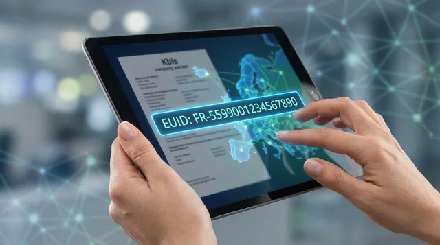 Tablette affichant un identifiant EUID sur une carte numérique de l'Europe avec un extrait Kbis en arrière-plan.