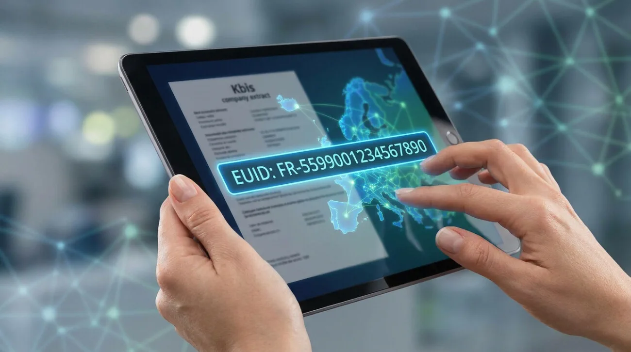Tablette affichant un identifiant EUID sur une carte numérique de l'Europe avec un extrait Kbis en arrière-plan.